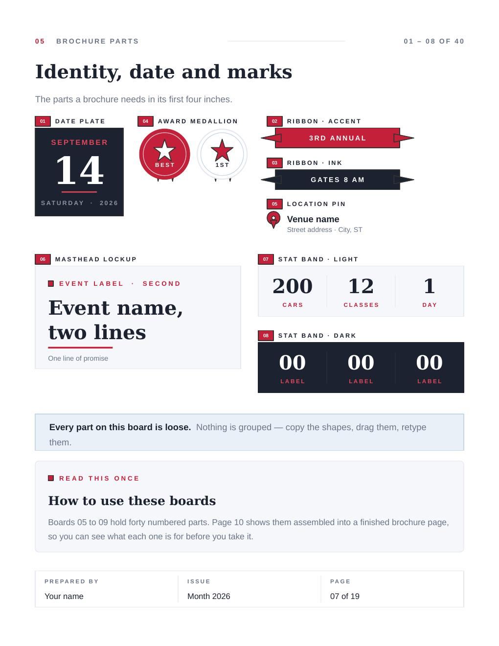 Sheet 05 of the flyer kit: Identity, date and marks. Forty numbered parts sit across five sheets like this one.