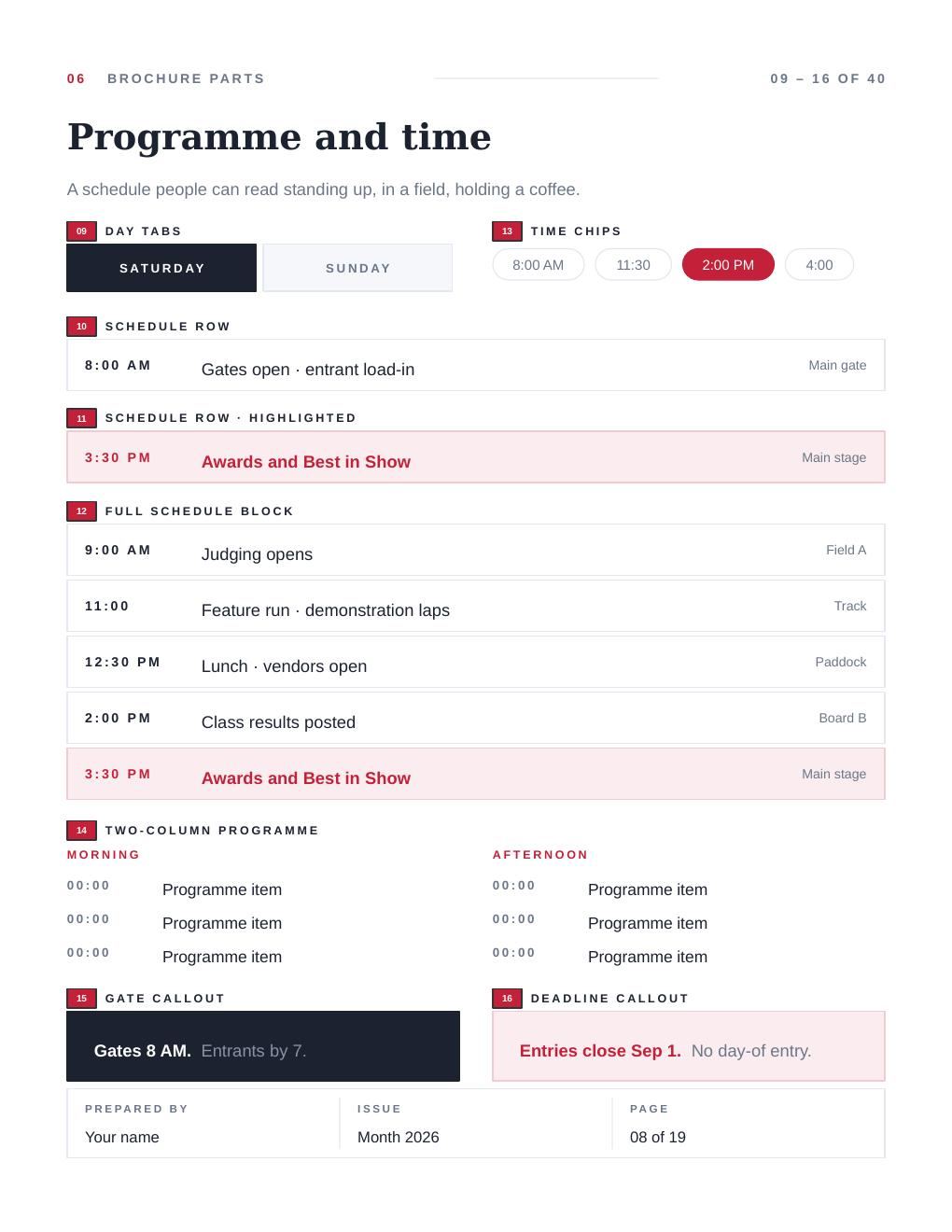 Sheet 06 of the flyer kit: Programme and time. Forty numbered parts sit across five sheets like this one.