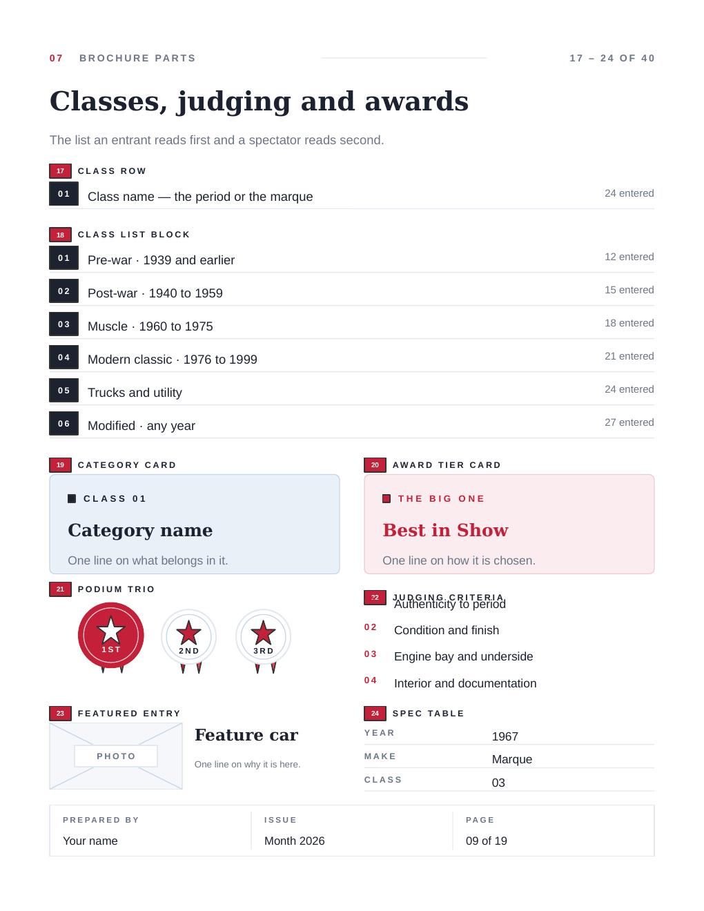 Sheet 07 of the flyer kit: Classes, judging and awards. Forty numbered parts sit across five sheets like this one.