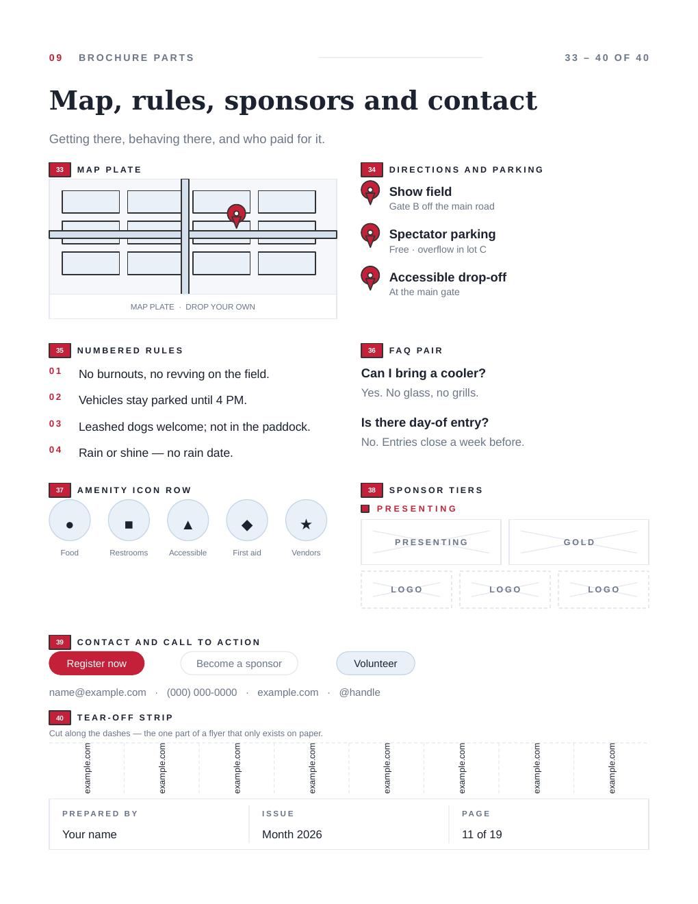 Sheet 09 of the flyer kit: Map, rules, sponsors and contact. Forty numbered parts sit across five sheets like this one.