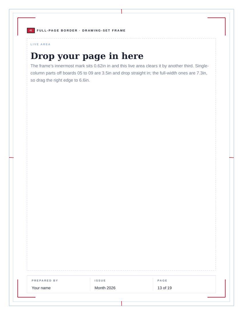 Page 41 of the flyer kit: the drawing-set frame treatment, drawn across a whole letter page.