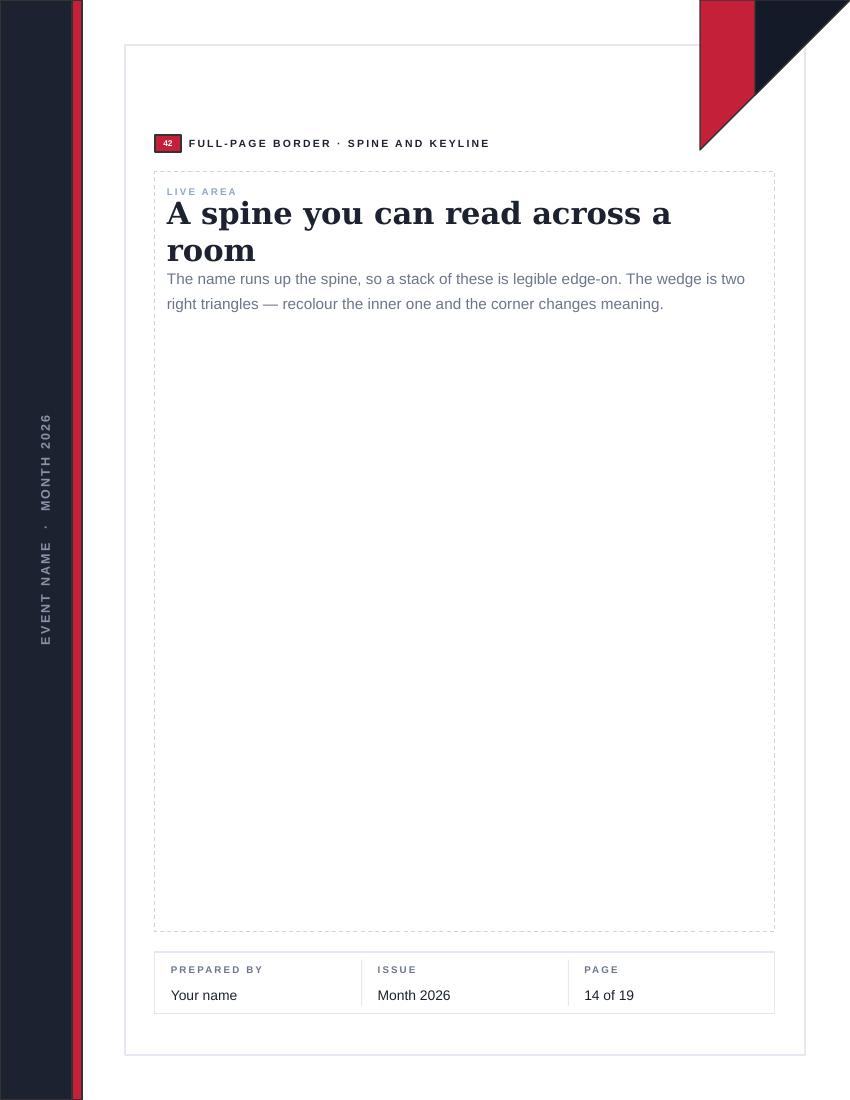 Page 42 of the flyer kit: the spine and keyline treatment, drawn across a whole letter page.