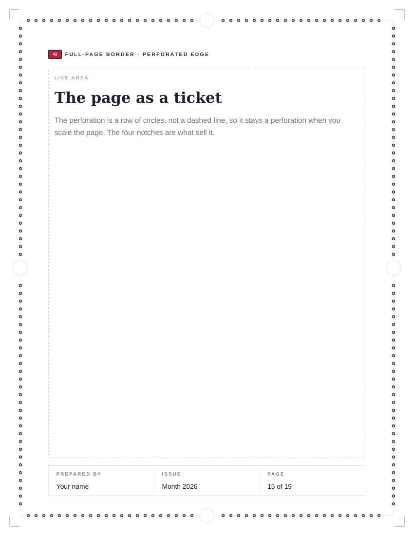 Page 43 of the flyer kit: the perforated edge treatment, drawn across a whole letter page.