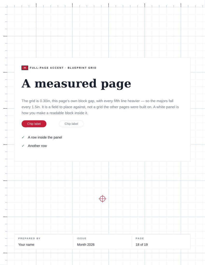 Page 46 of the flyer kit: the blueprint grid treatment, drawn across a whole letter page.