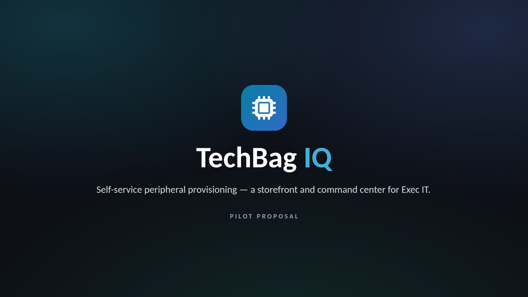 Title slide: TechBag IQ — self-service peripheral provisioning